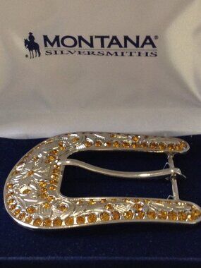 VTG Horseshoe shaped Montana Silversmith Belt Buckle Rhinestones Cowboy Chic